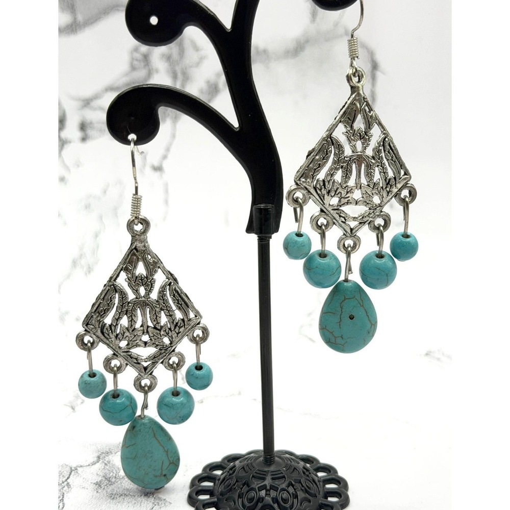 Turquoise Glass Dangle Earrings Boho Silver Tone 3" Statement